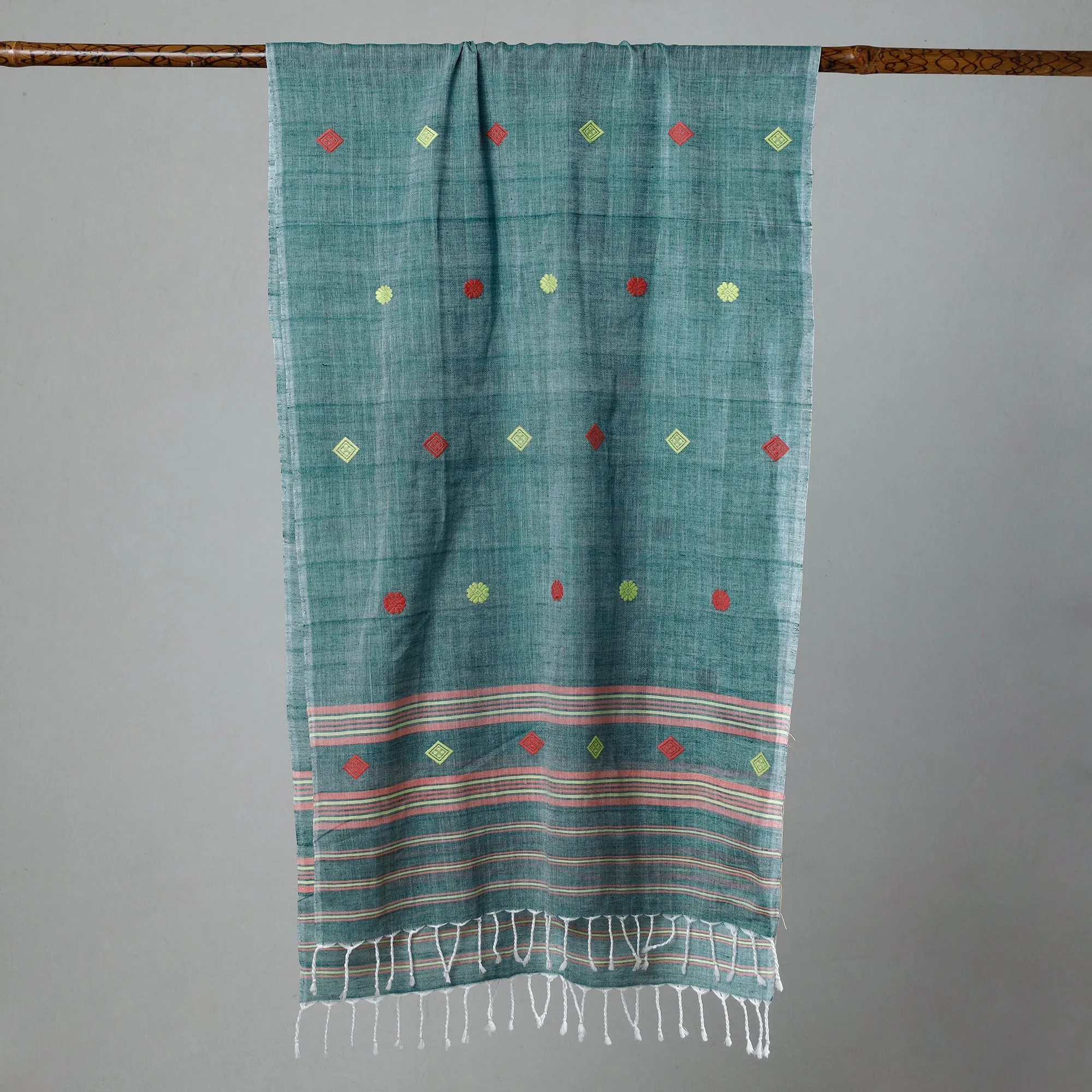 Green - Assam Weave Handloom Cotton Thread Motifs Stole with Tassels