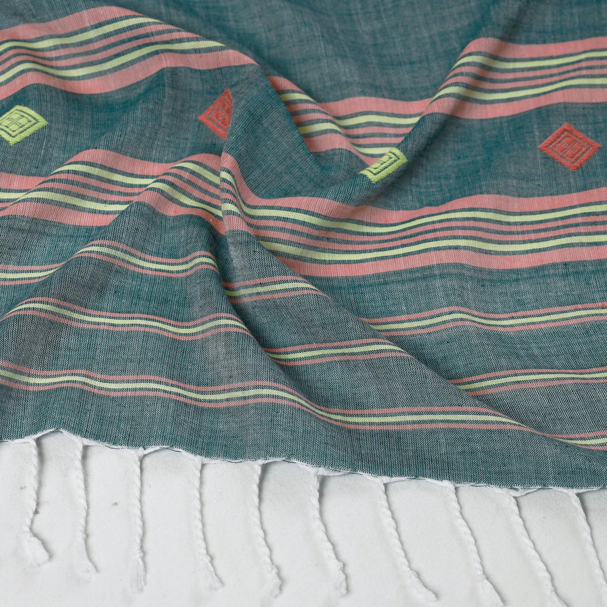 Green - Assam Weave Handloom Cotton Thread Motifs Stole with Tassels