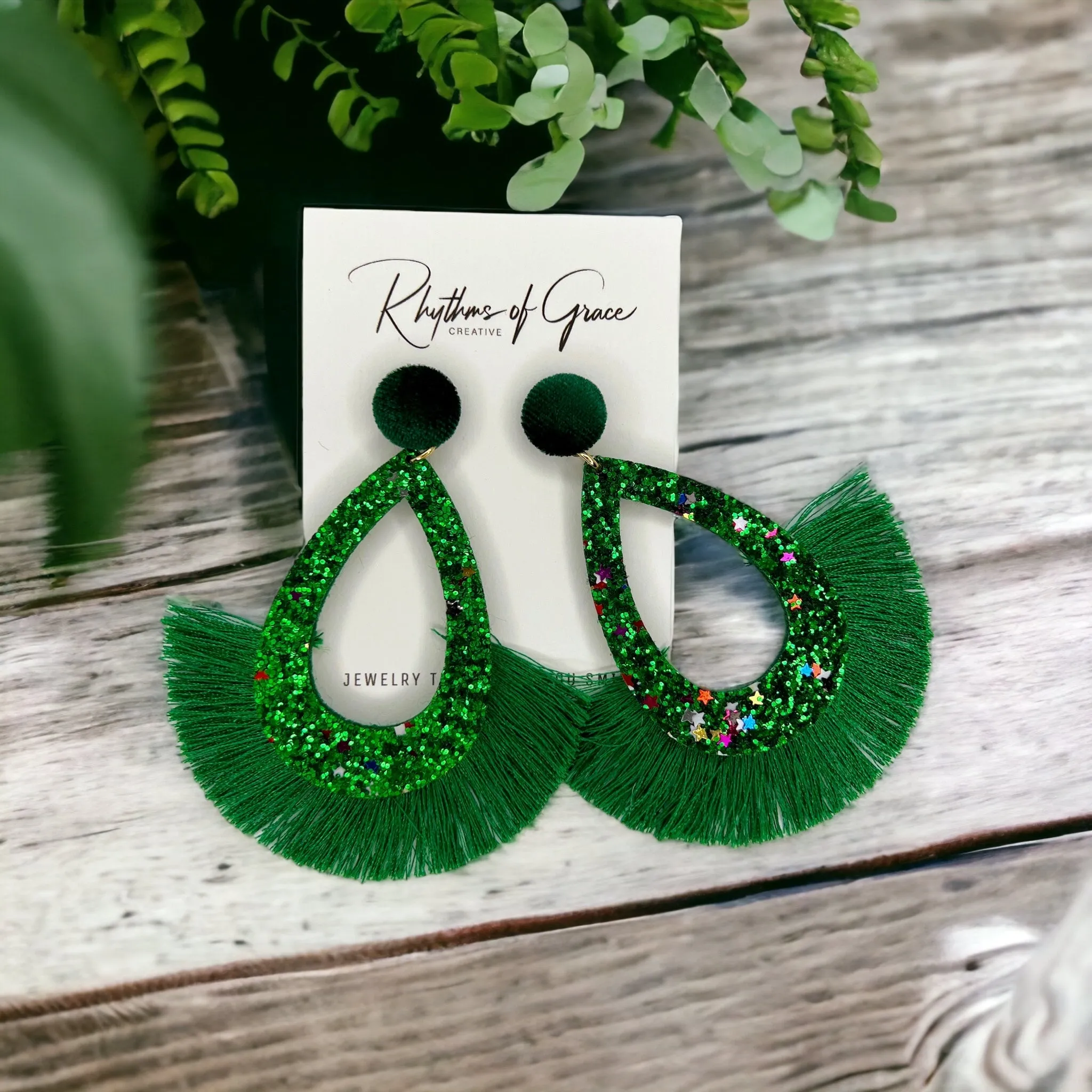 Green Tassel Earrings - Rhinestone Accessories, Green Earrings, St. Patrick's Day, Luck Accessories, Green Glitter