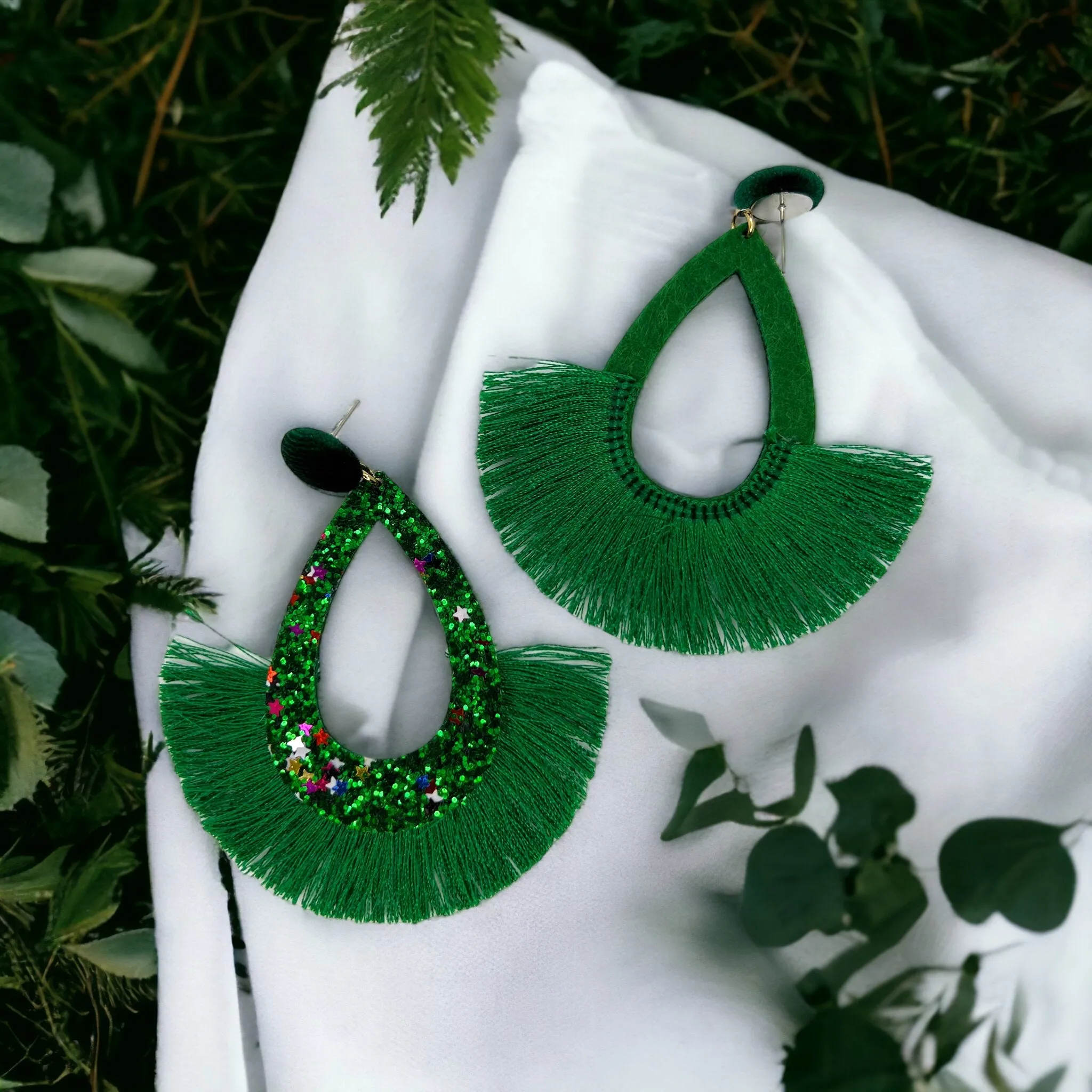 Green Tassel Earrings - Rhinestone Accessories, Green Earrings, St. Patrick's Day, Luck Accessories, Green Glitter