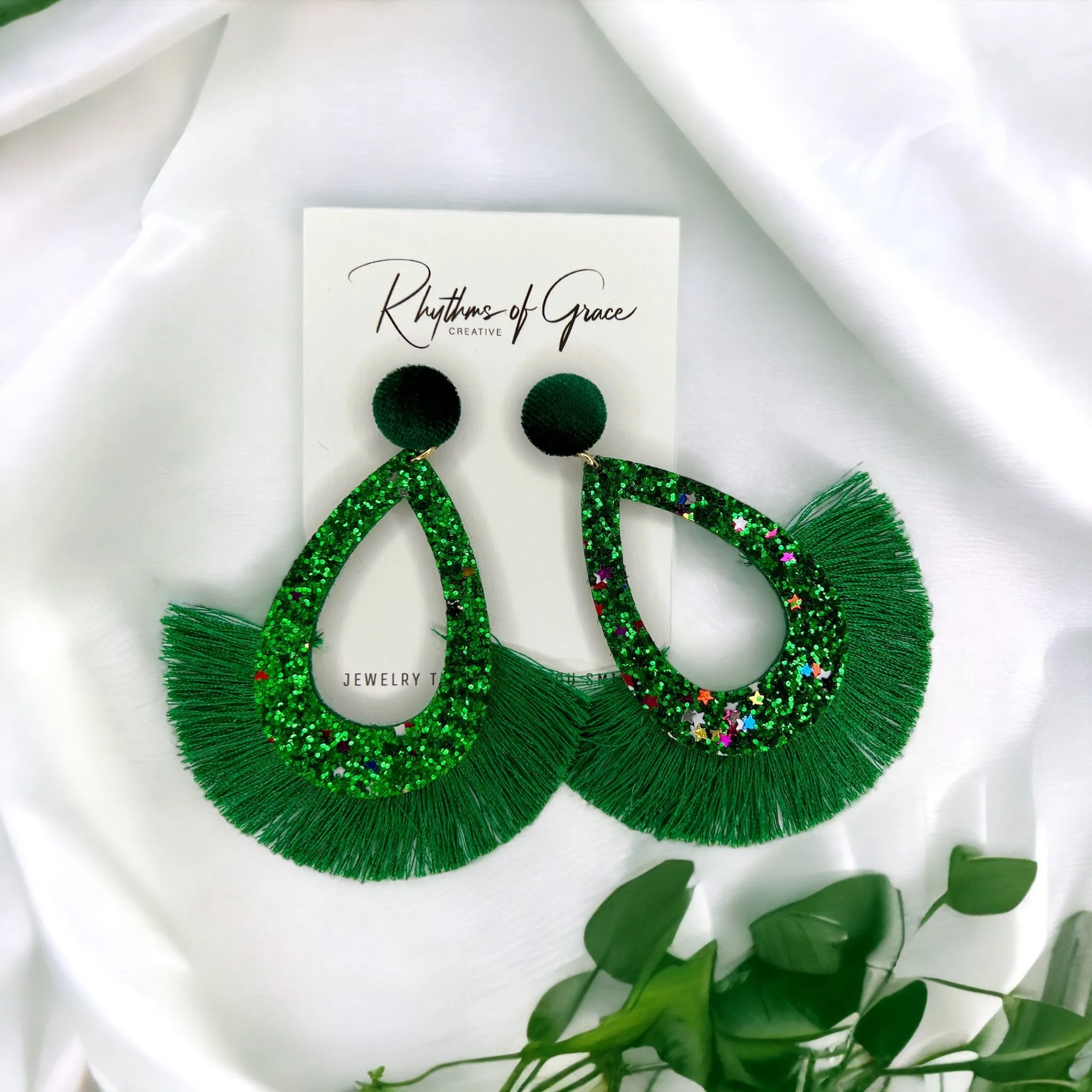 Green Tassel Earrings - Rhinestone Accessories, Green Earrings, St. Patrick's Day, Luck Accessories, Green Glitter