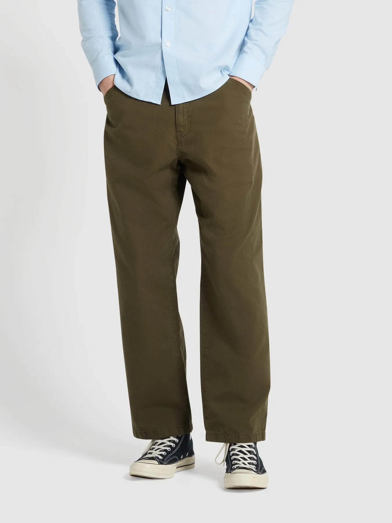 Greenport Loose Fit Canvas Trousers In Olive Green