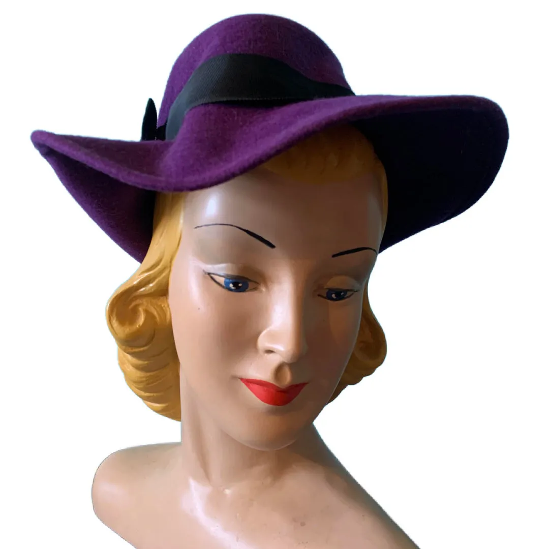 Jaunty Purple Felted Wool Fedora Style Hat circa 1980s