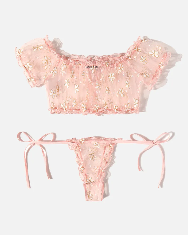 Lace See-through Ruffle Bra and Panty Set