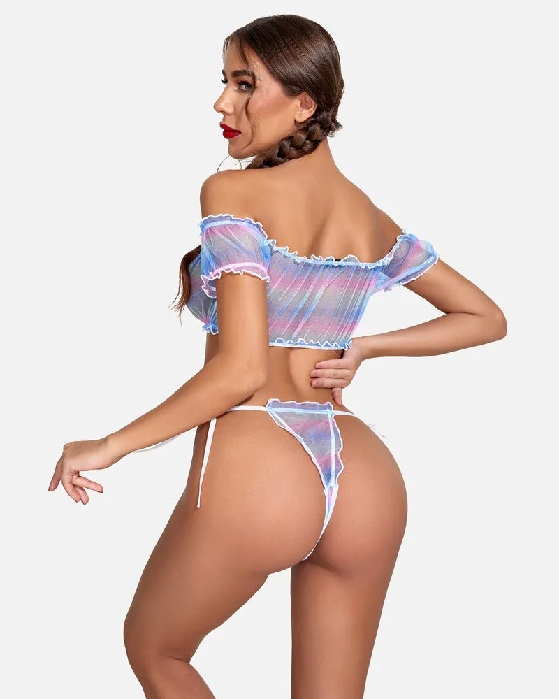 Lace See-through Ruffle Bra and Panty Set