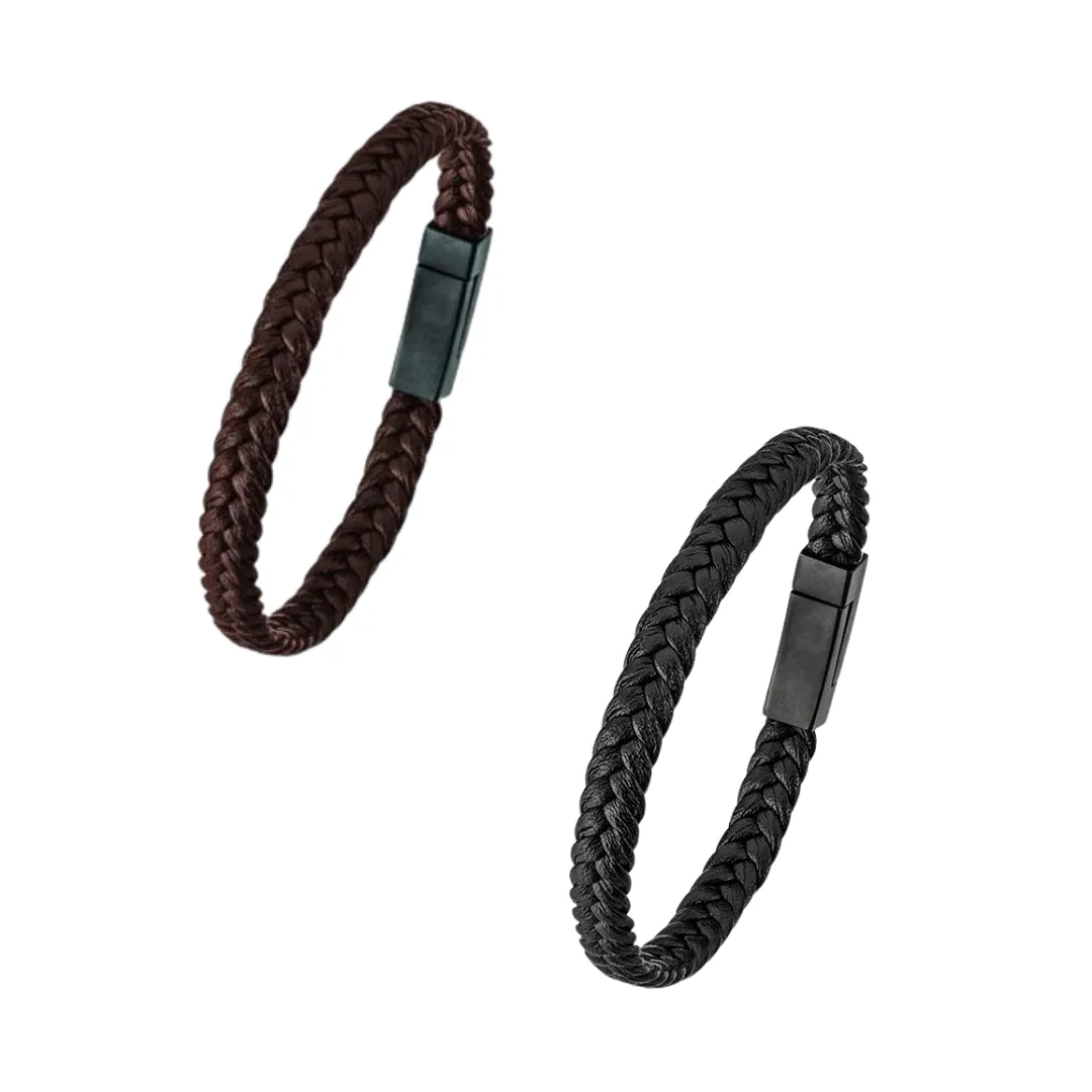 Leather & Stainless Steel Men's Bracelet - Magnetic Clasp Various