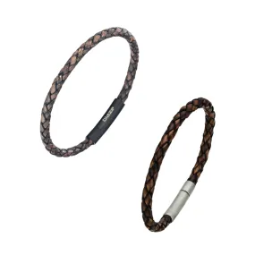 Leather & Stainless Steel Men's Bracelet - Thin Brown Braid Various