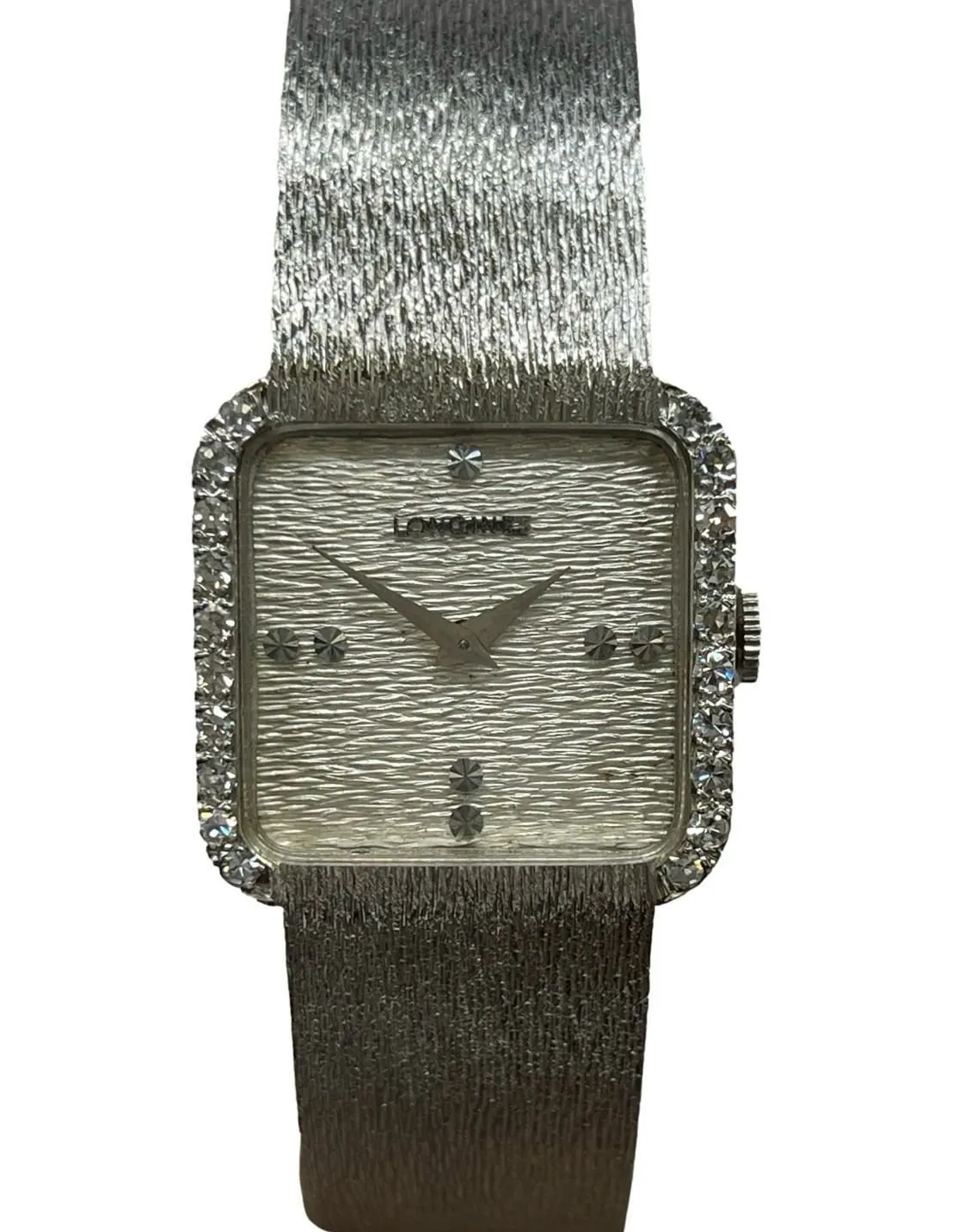 Longines Square 25mm 14K White Gold Diamond Bezel R6071 Silver Dial Hand Wind Women's Watch