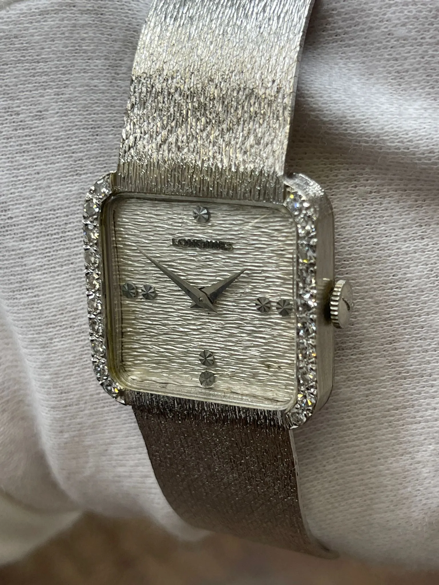 Longines Square 25mm 14K White Gold Diamond Bezel R6071 Silver Dial Hand Wind Women's Watch