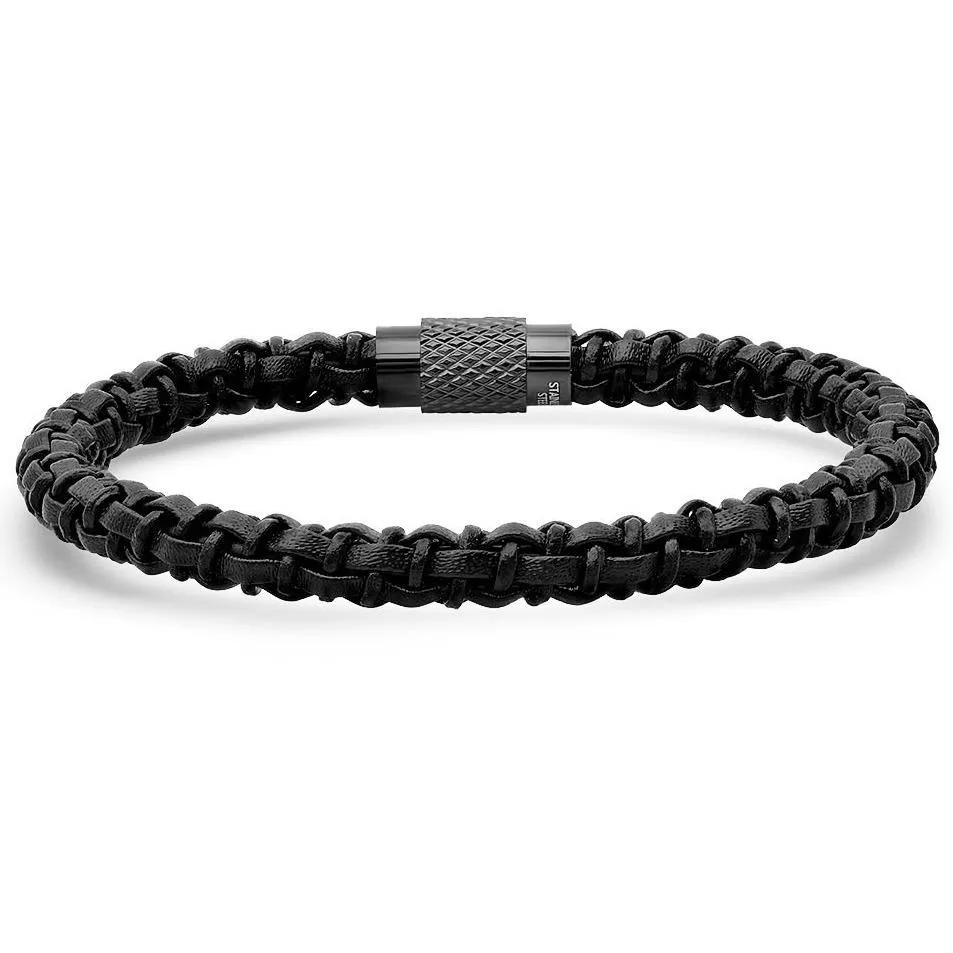 Men's Black Braided Leather Bracelet with Black IP Stainless Steel Accented Magnetic Clasp