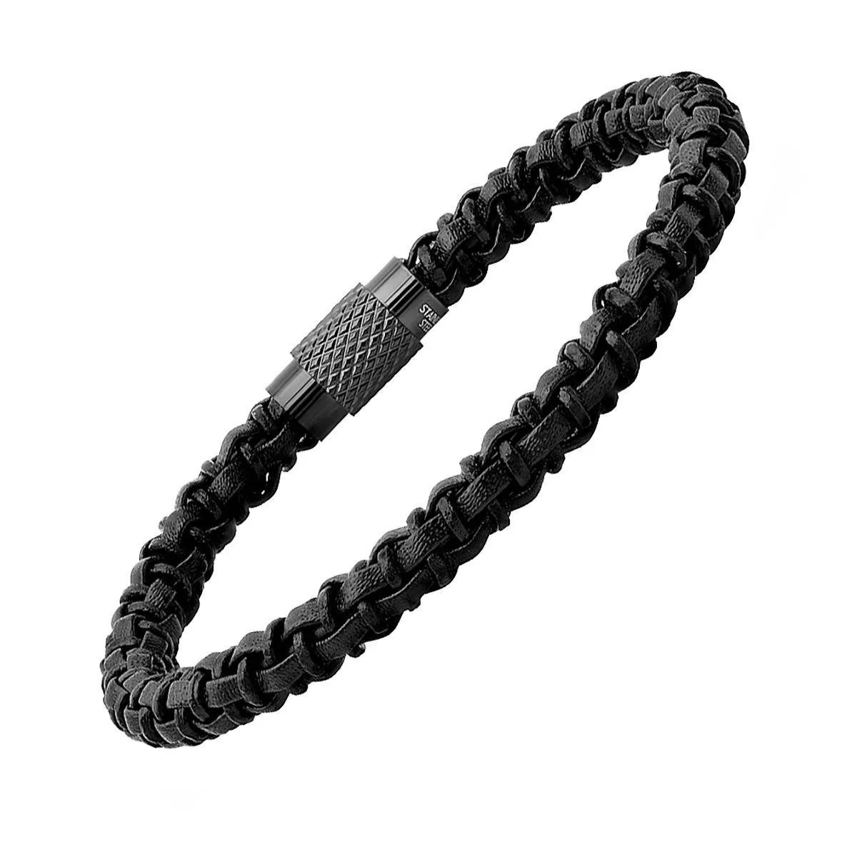 Men's Black Braided Leather Bracelet with Black IP Stainless Steel Accented Magnetic Clasp