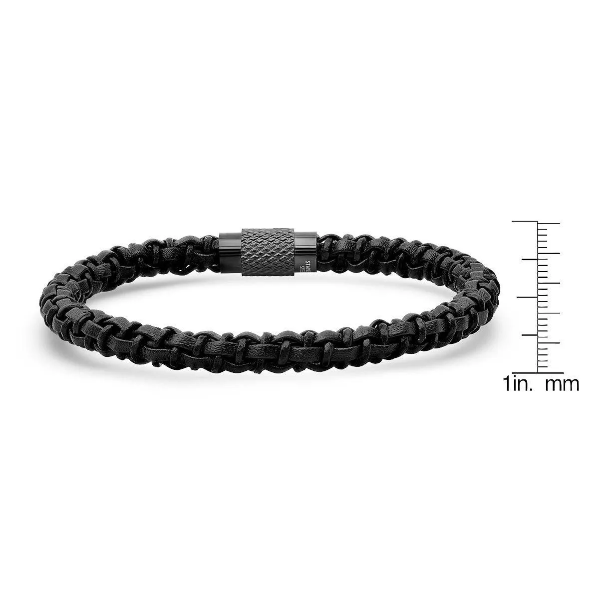 Men's Black Braided Leather Bracelet with Black IP Stainless Steel Accented Magnetic Clasp