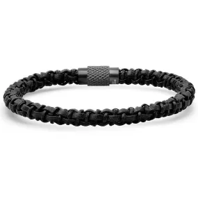 Men's Black Braided Leather Bracelet with Black IP Stainless Steel Accented Magnetic Clasp