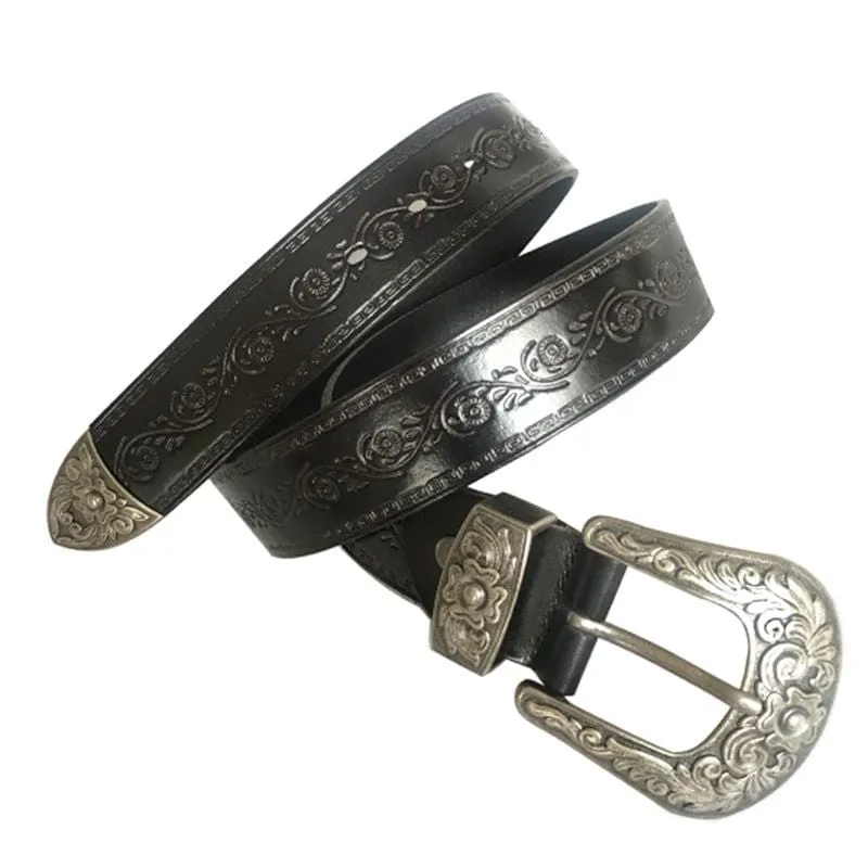 Men's Gothic Floral Carving Cowhide Long Belts