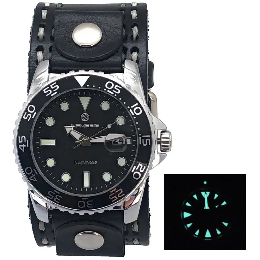 Moonwalker 8 hours super Luminous bright Black Diver with Double White/Grey Stitched Black Leather Cuff  KDST277K