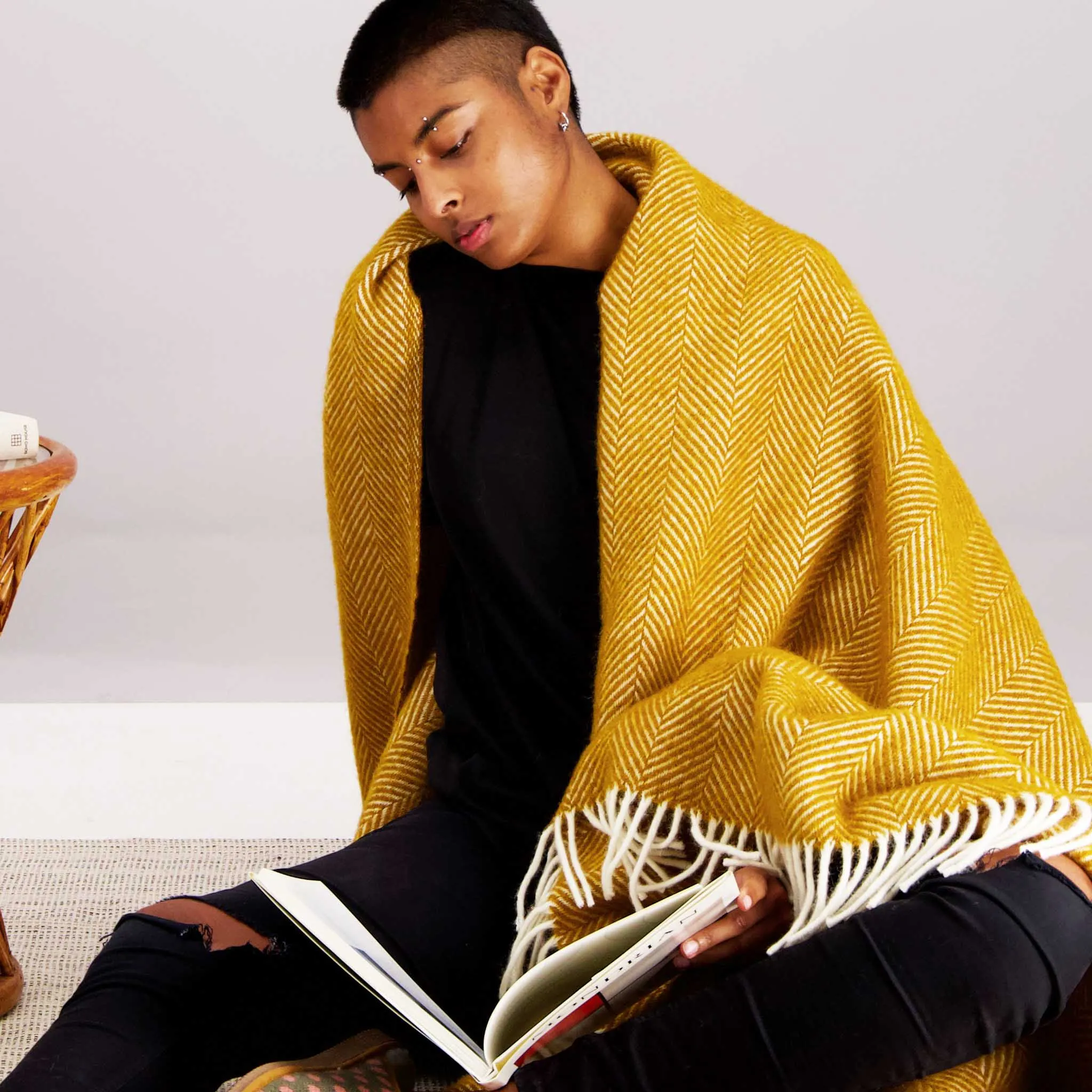 Mustard Herringbone Wool Throw