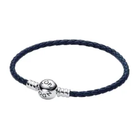 PANDORA MOMENTS COLLECTION Mod. ROUND CLASP BLUE BRAIDED LEATHER BRACELET