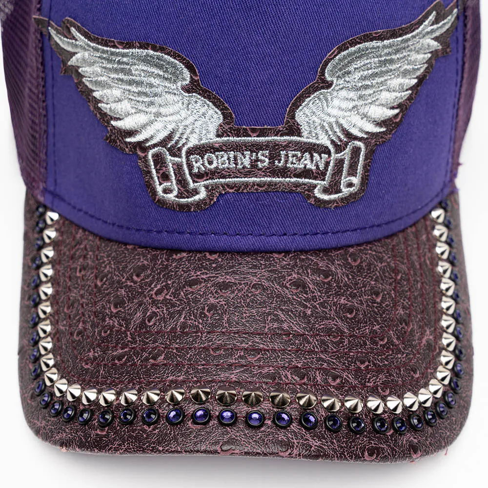 PURPLE/WINE OSTRICH TRUCKER HAT WITH SILVER SPIKE/PURPLE CRYSTAL EMBELLISHMENT