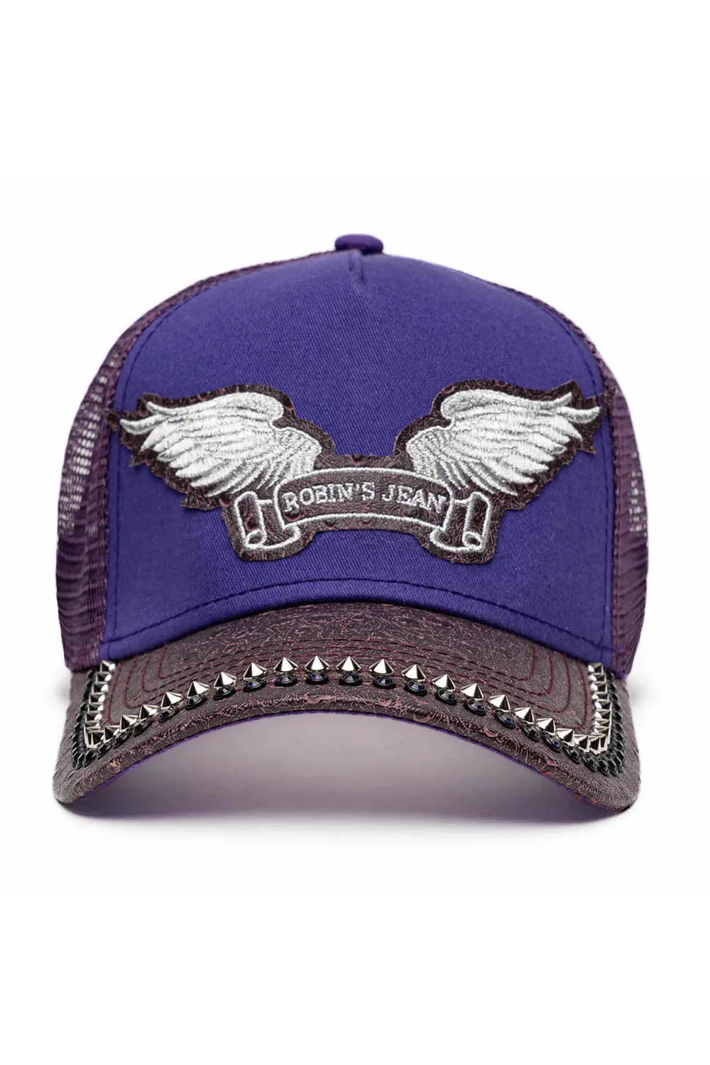 PURPLE/WINE OSTRICH TRUCKER HAT WITH SILVER SPIKE/PURPLE CRYSTAL EMBELLISHMENT