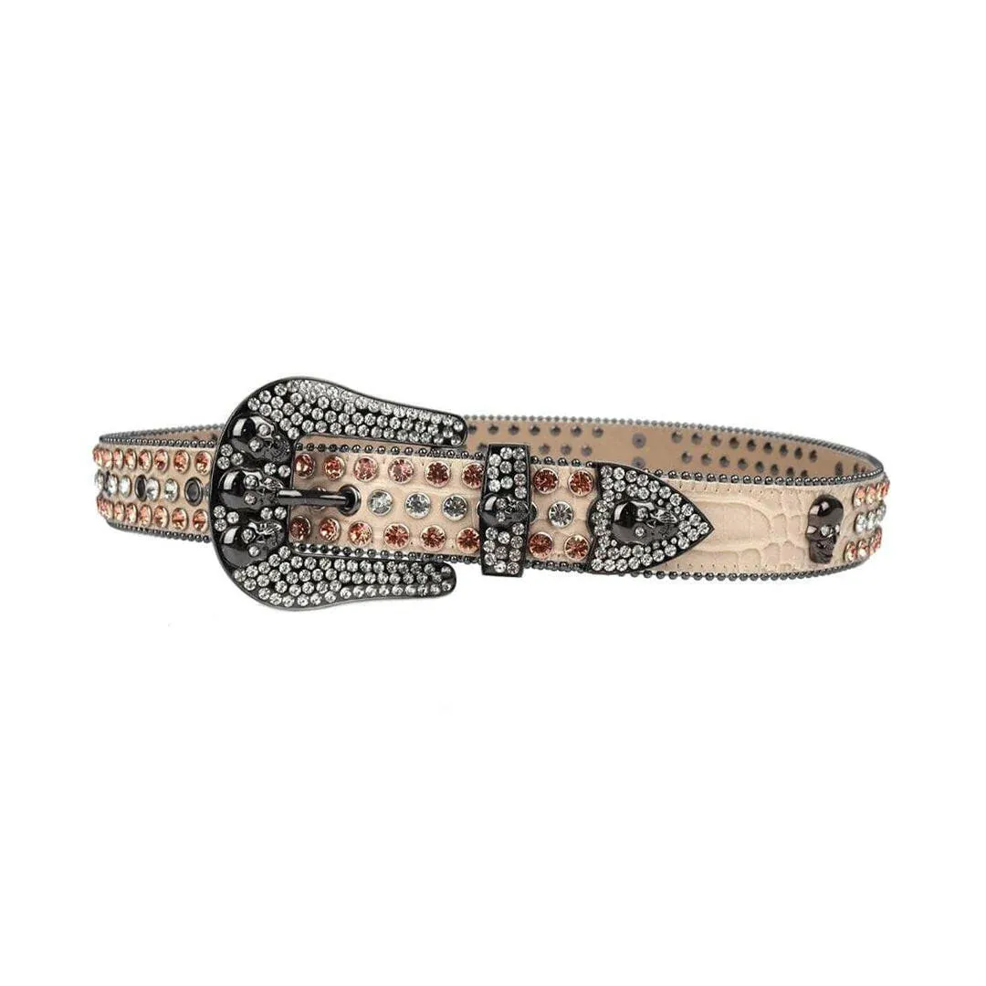 Rhinestone Skull Buckle Beige Strap With Brown & Crystal Studded Belt