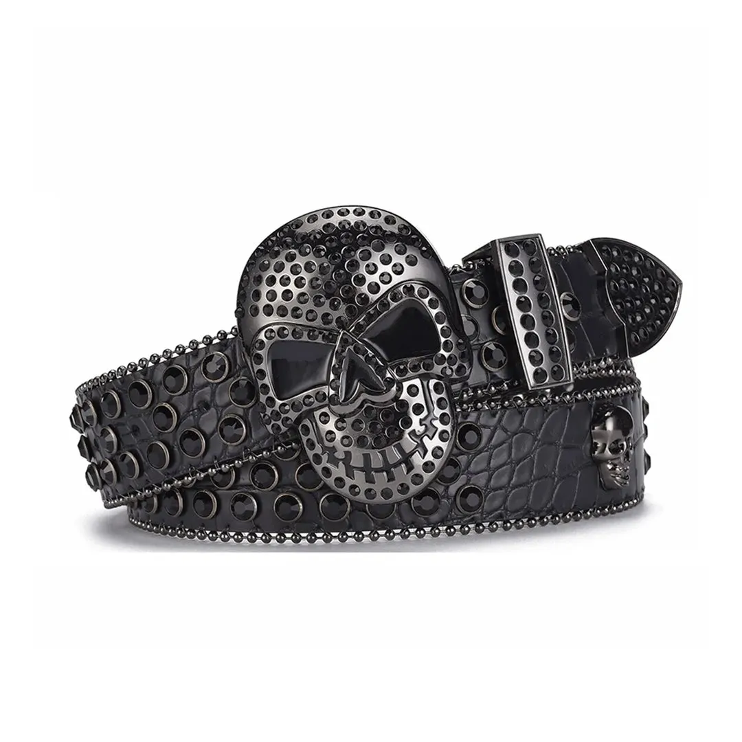 Rhinestone Skull Buckle Black Strap With Black Studded Belt