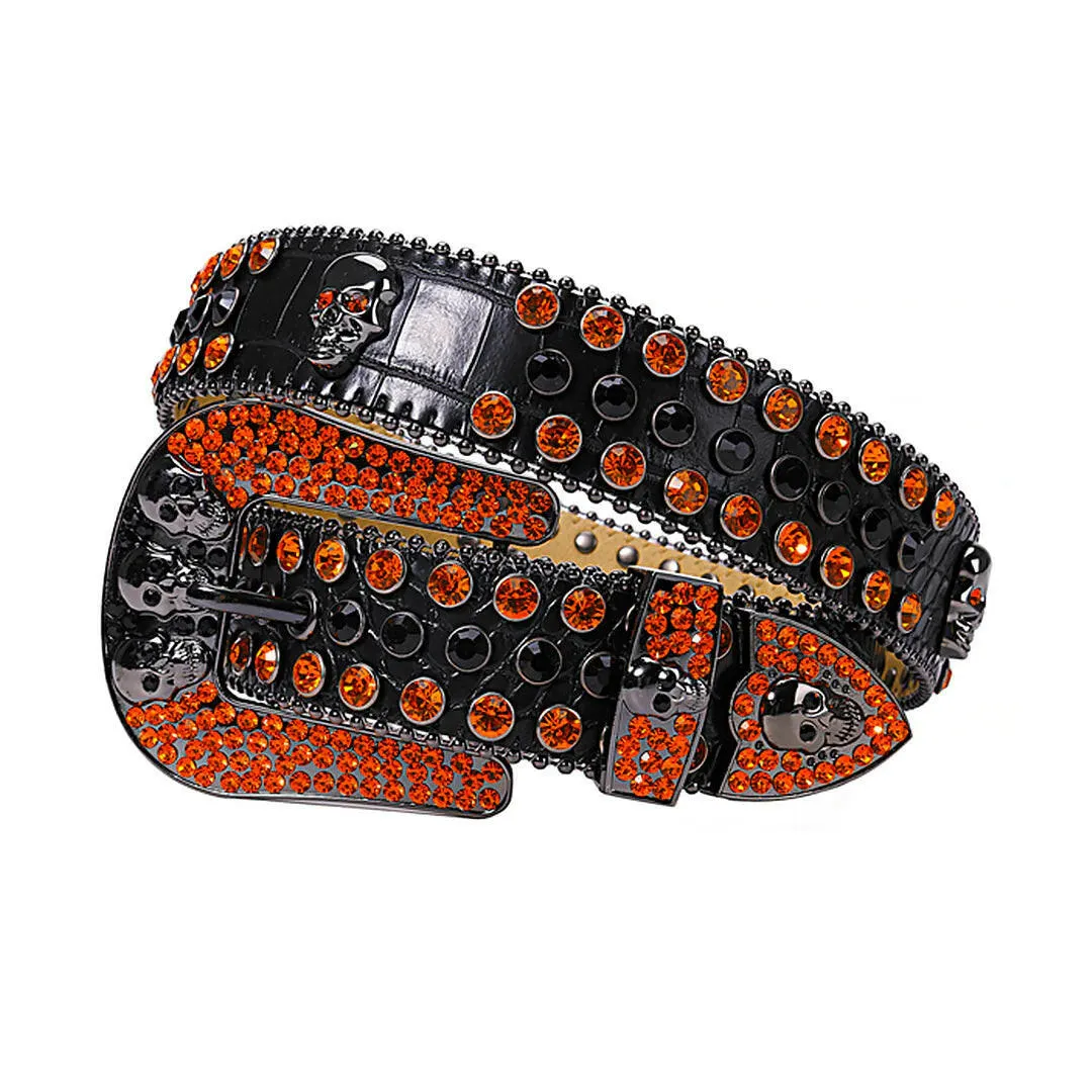 Rhinestone Skull Buckle Black Strap With Orange & Black Studded Belt