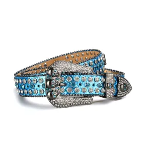 Rhinestone Skull Buckle Shiny Blue Strap With Blue & Crystal Studded Belt