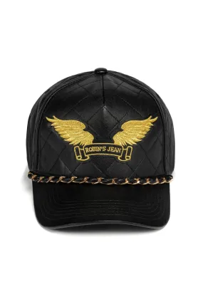 ROBINS LEATHER QUILTED CAP WITH GOLD WINGS STUDS AND COPPER CHAIN IN BLACK