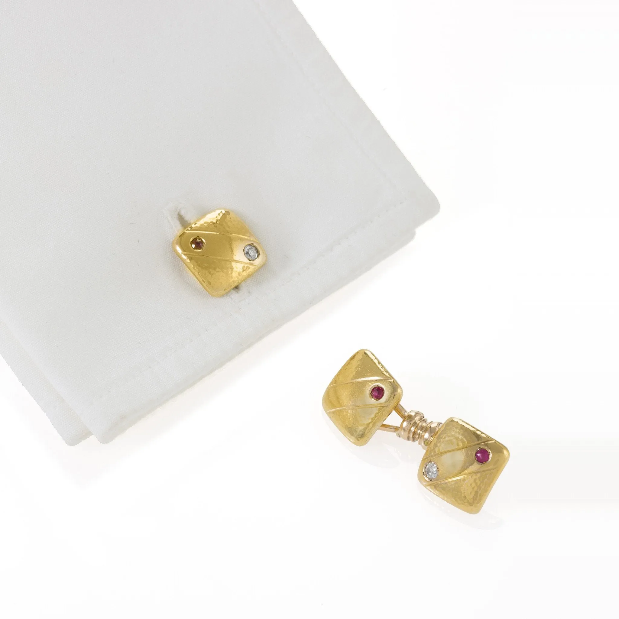 Ruby and Diamond Gold Square Cuff Links