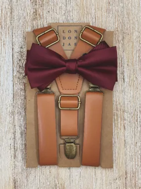 Skinny Caramel Suspenders with Burgundy Wine Bow Tie