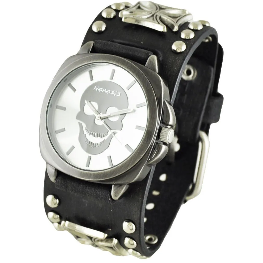 Skull Silver Watch with Iron Cross Studded Black Leather Cuff