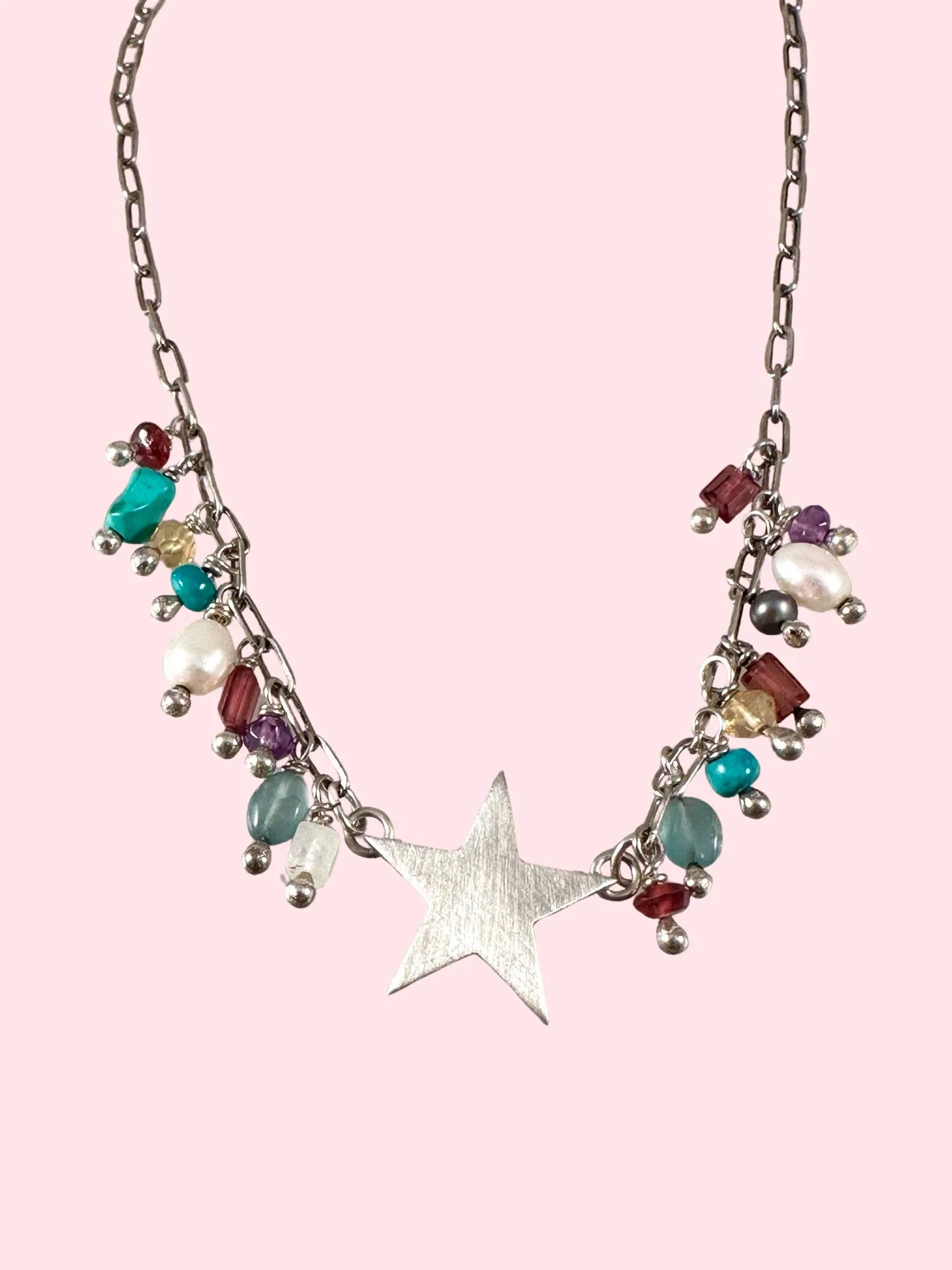 Star and Heart ‘Amour’ Sterling and Gemstone Charm Necklace