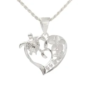 Sterling Silver 3 Plumeria with CZ and Honu (Turtle) Heart Pendant (Chain Sold Separately)