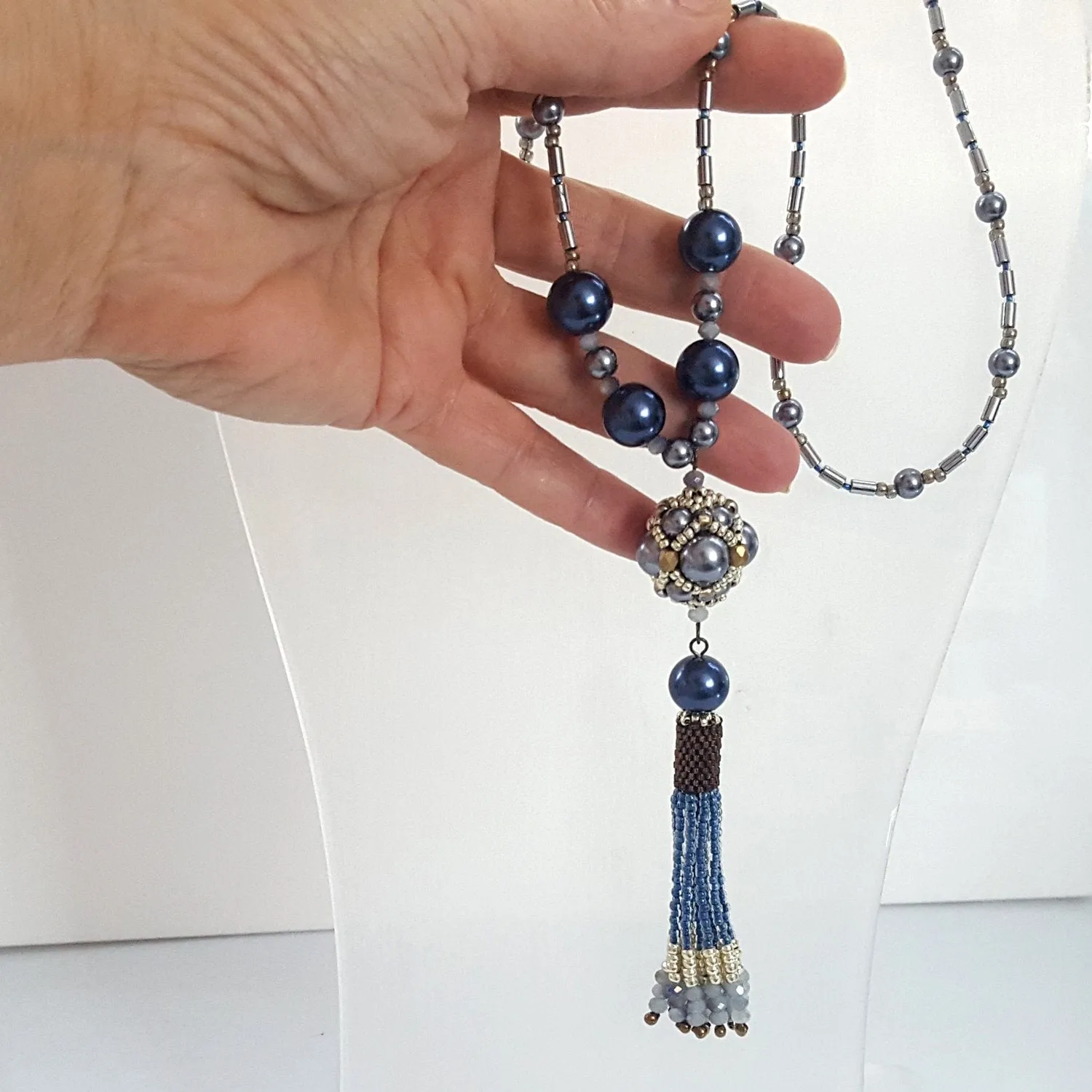 The Enchanted Ball Necklace - Blue Beaded Tassel Statement Necklace | (KJ-390N/BLU ) Artisan Necklace