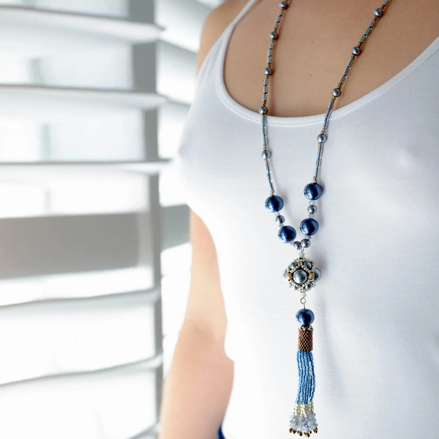 The Enchanted Ball Necklace - Blue Beaded Tassel Statement Necklace | (KJ-390N/BLU ) Artisan Necklace