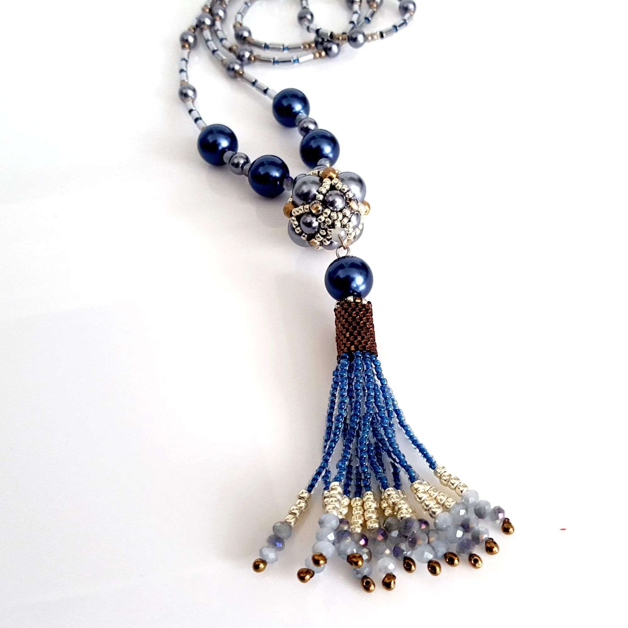 The Enchanted Ball Necklace - Blue Beaded Tassel Statement Necklace | (KJ-390N/BLU ) Artisan Necklace