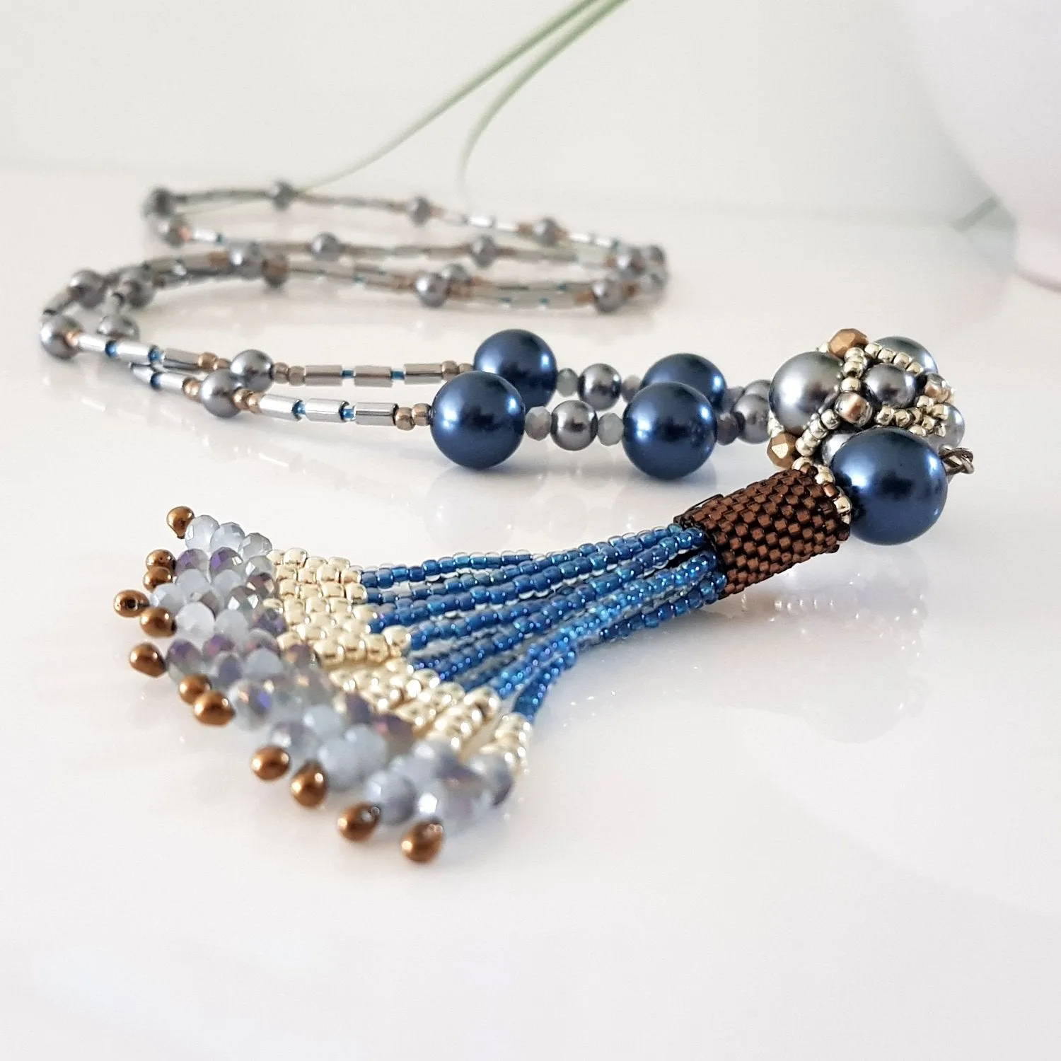 The Enchanted Ball Necklace - Blue Beaded Tassel Statement Necklace | (KJ-390N/BLU ) Artisan Necklace