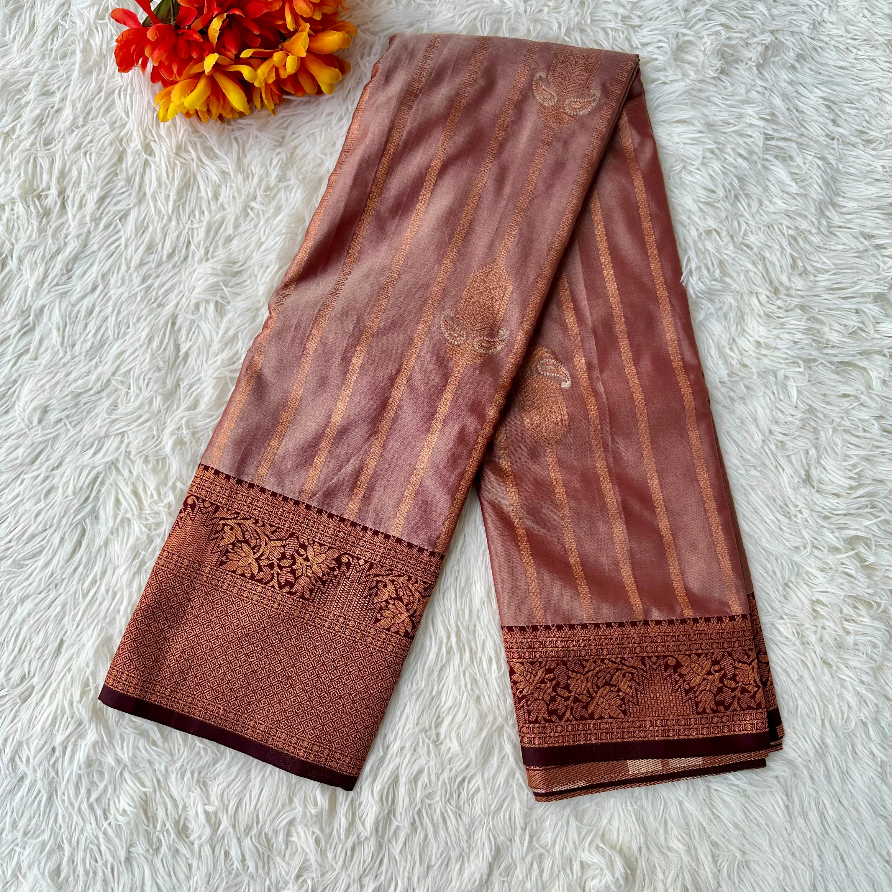 The Richness Chestnut Brown Copper Sari Saree With The Rich Copper Zari border