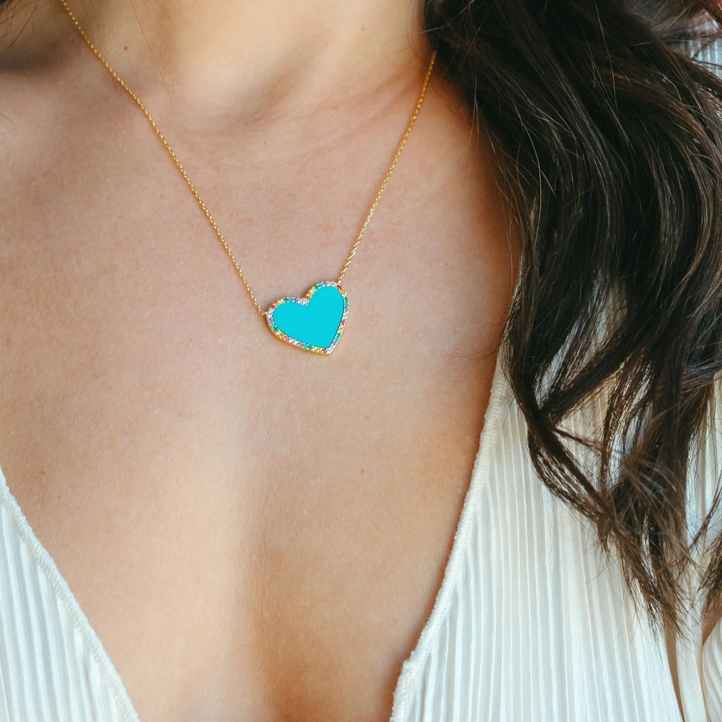 Turquoise Heart Necklace with Rainbow Pave