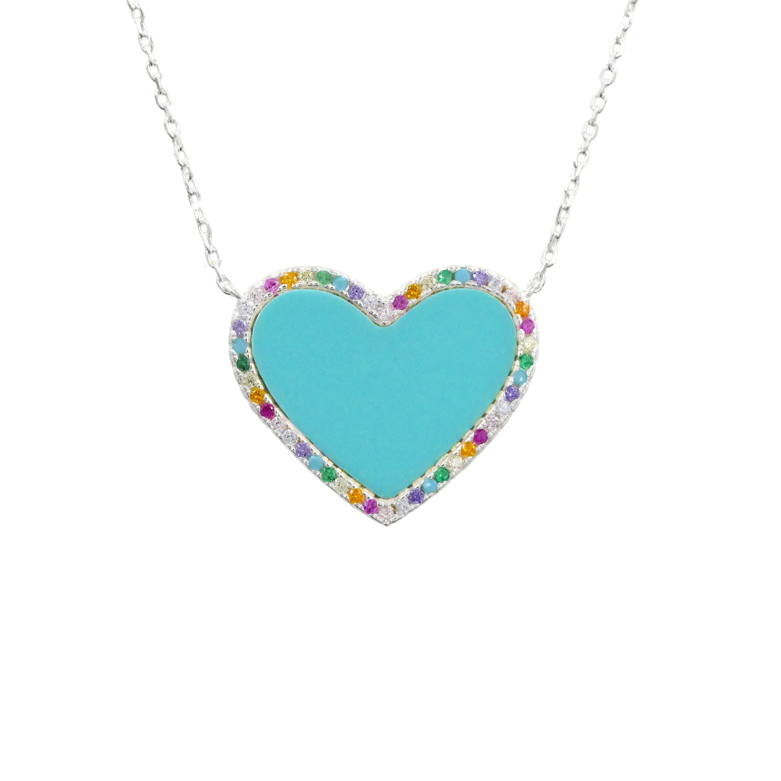 Turquoise Heart Necklace with Rainbow Pave