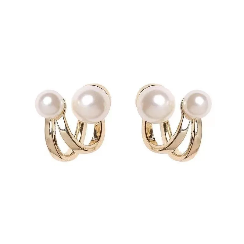 Two Pieces Gold Earrings with White Pearls