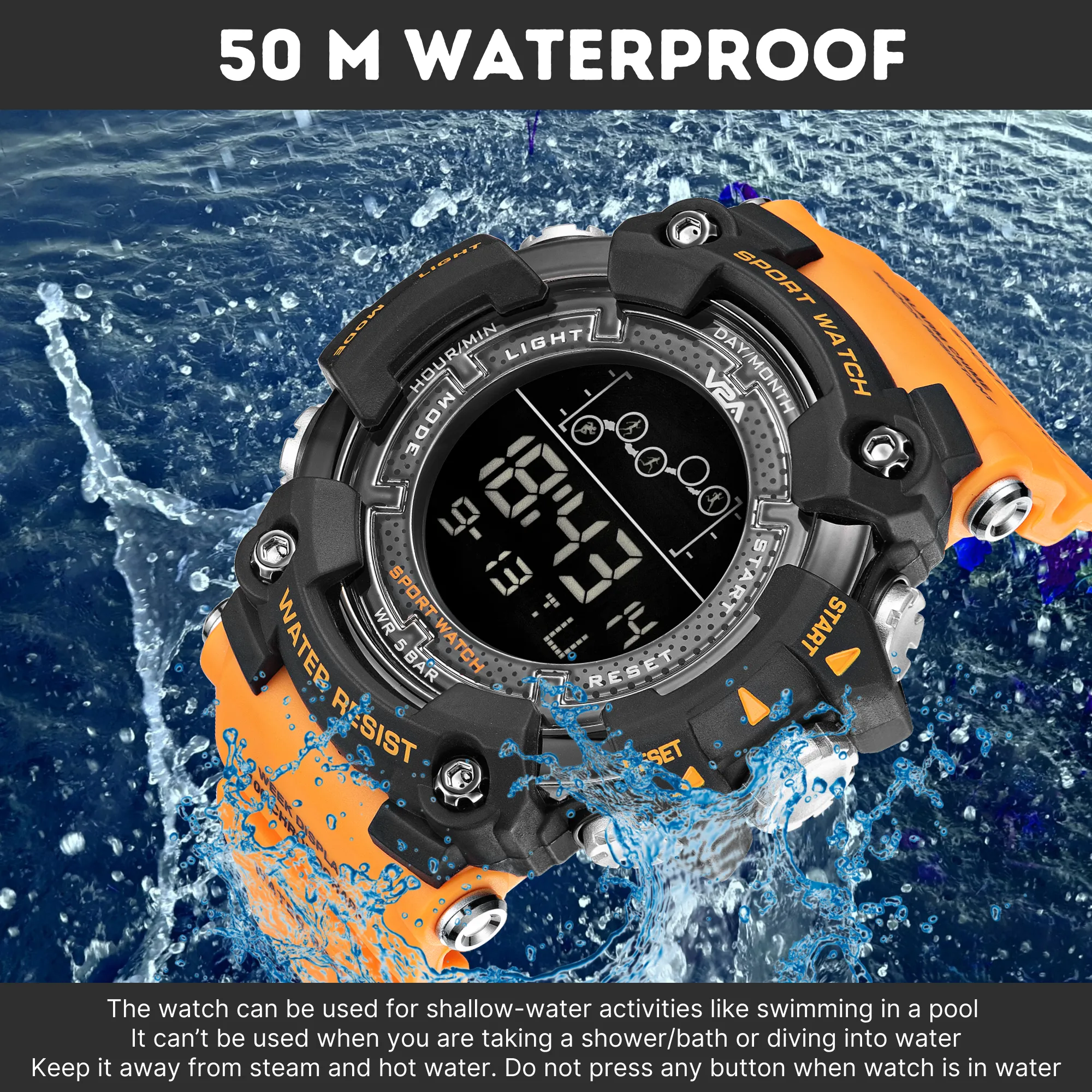 V2A Digital 5ATM Big Face Waterproof Sports Watch for Men with Stopwatch, Backlight and Alarm | Dial Size - 57 mm