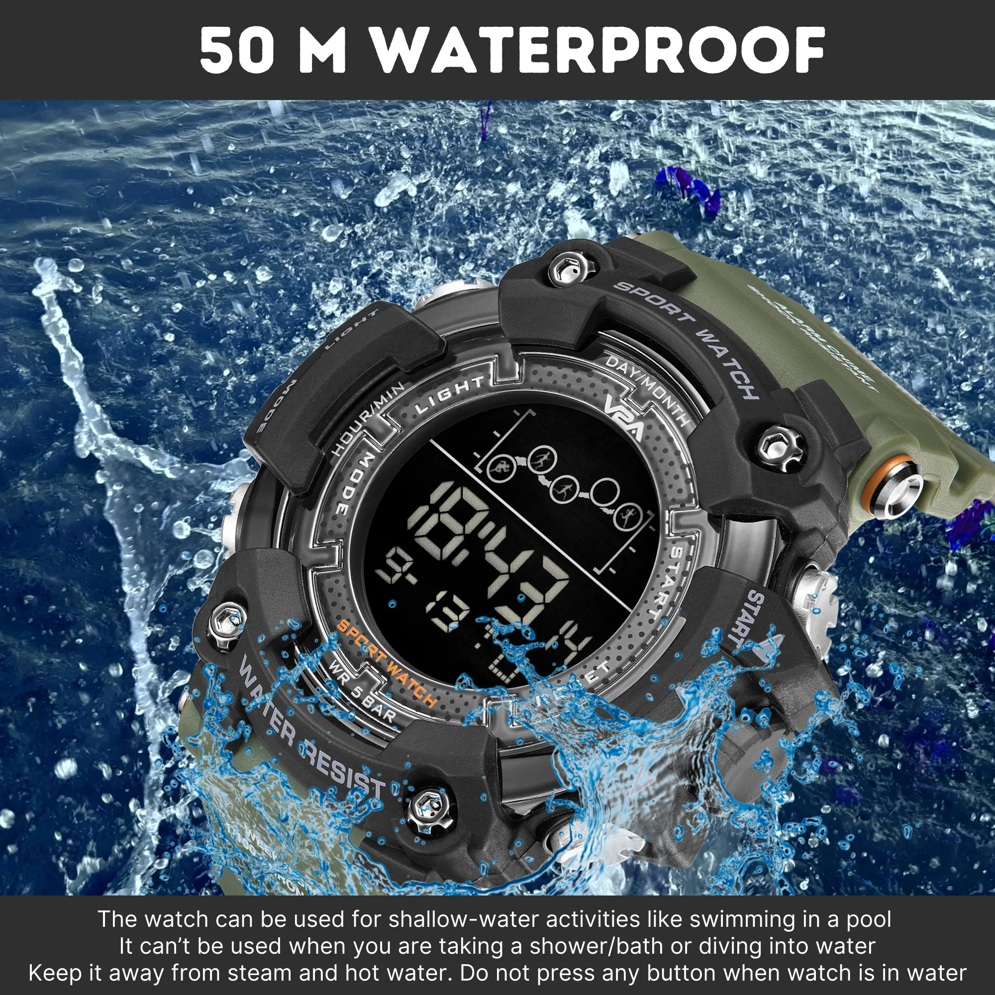 V2A Digital 5ATM Big Face Waterproof Sports Watch for Men with Stopwatch, Backlight and Alarm | Dial Size - 57 mm