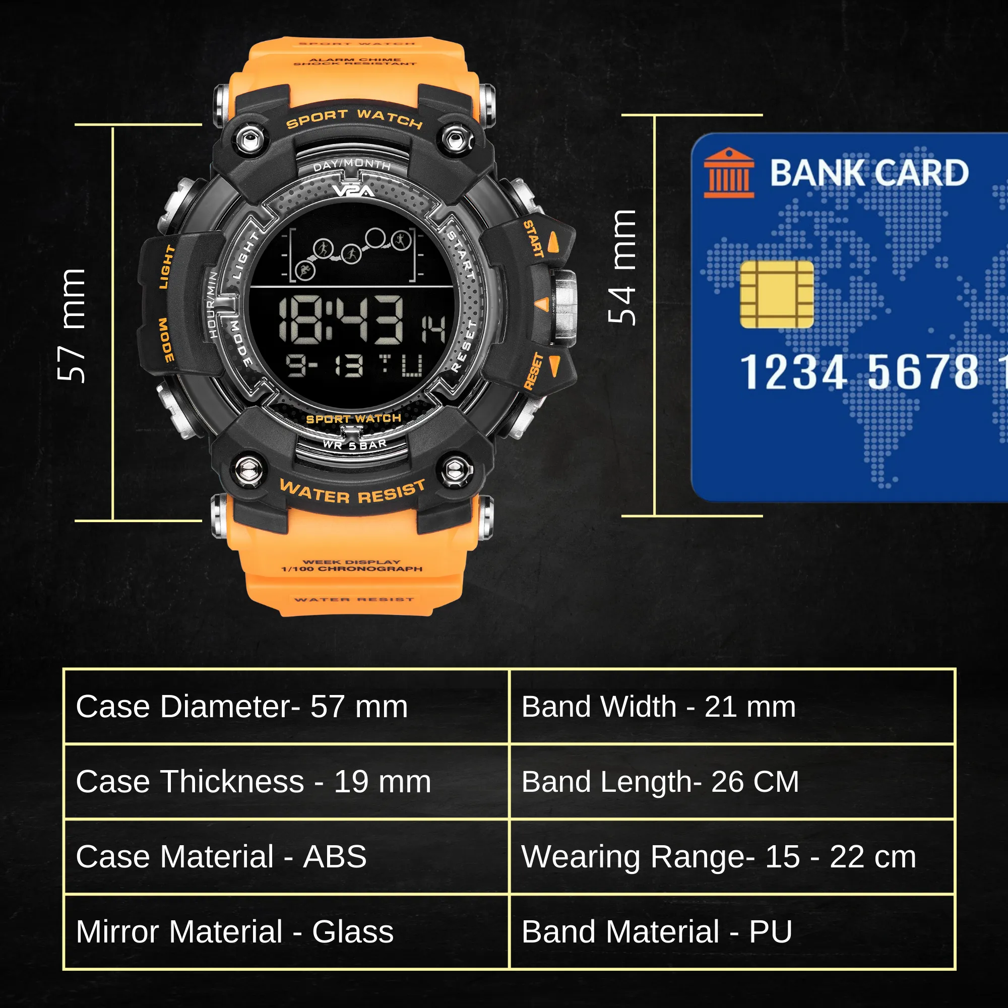 V2A Digital 5ATM Big Face Waterproof Sports Watch for Men with Stopwatch, Backlight and Alarm | Dial Size - 57 mm