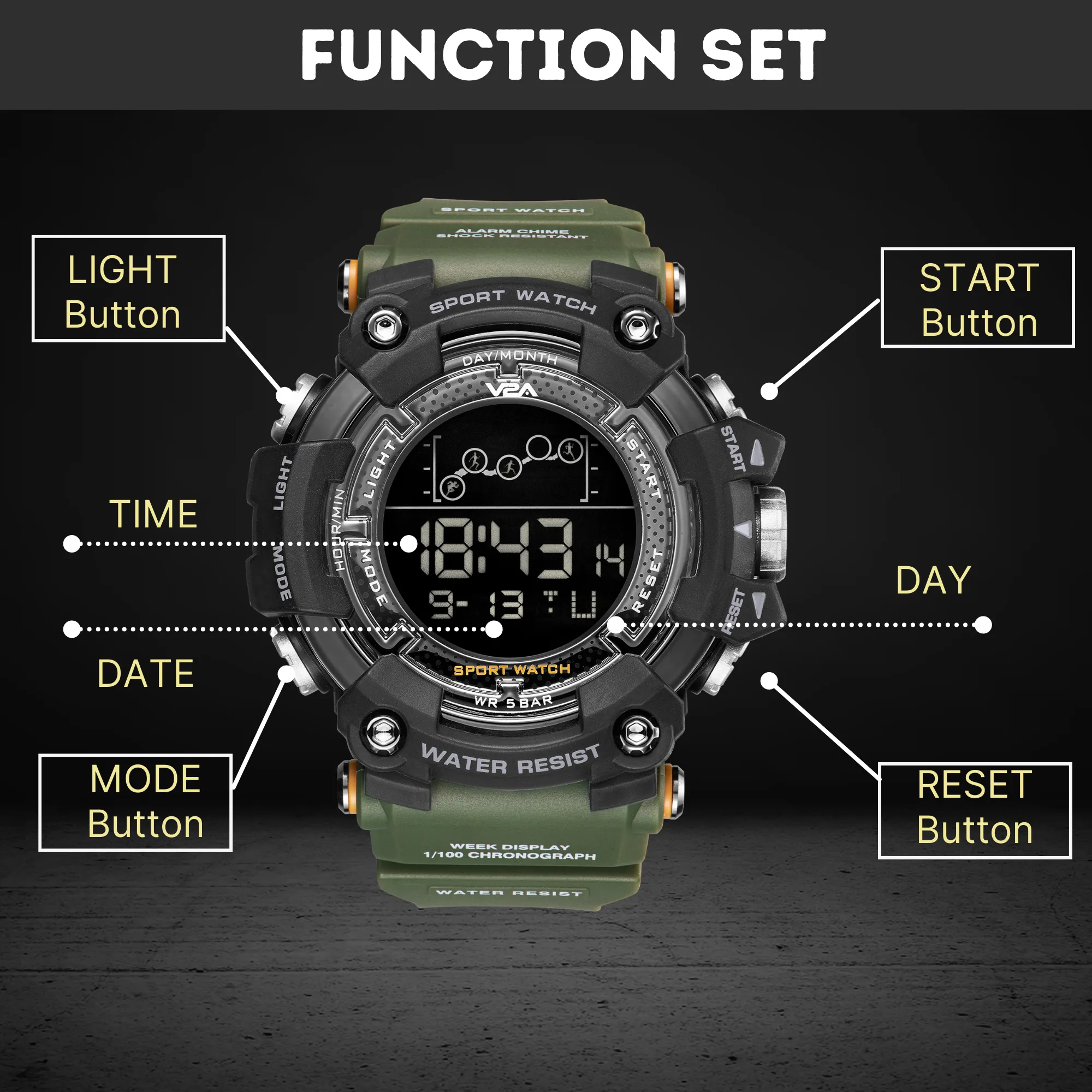 V2A Digital 5ATM Big Face Waterproof Sports Watch for Men with Stopwatch, Backlight and Alarm | Dial Size - 57 mm