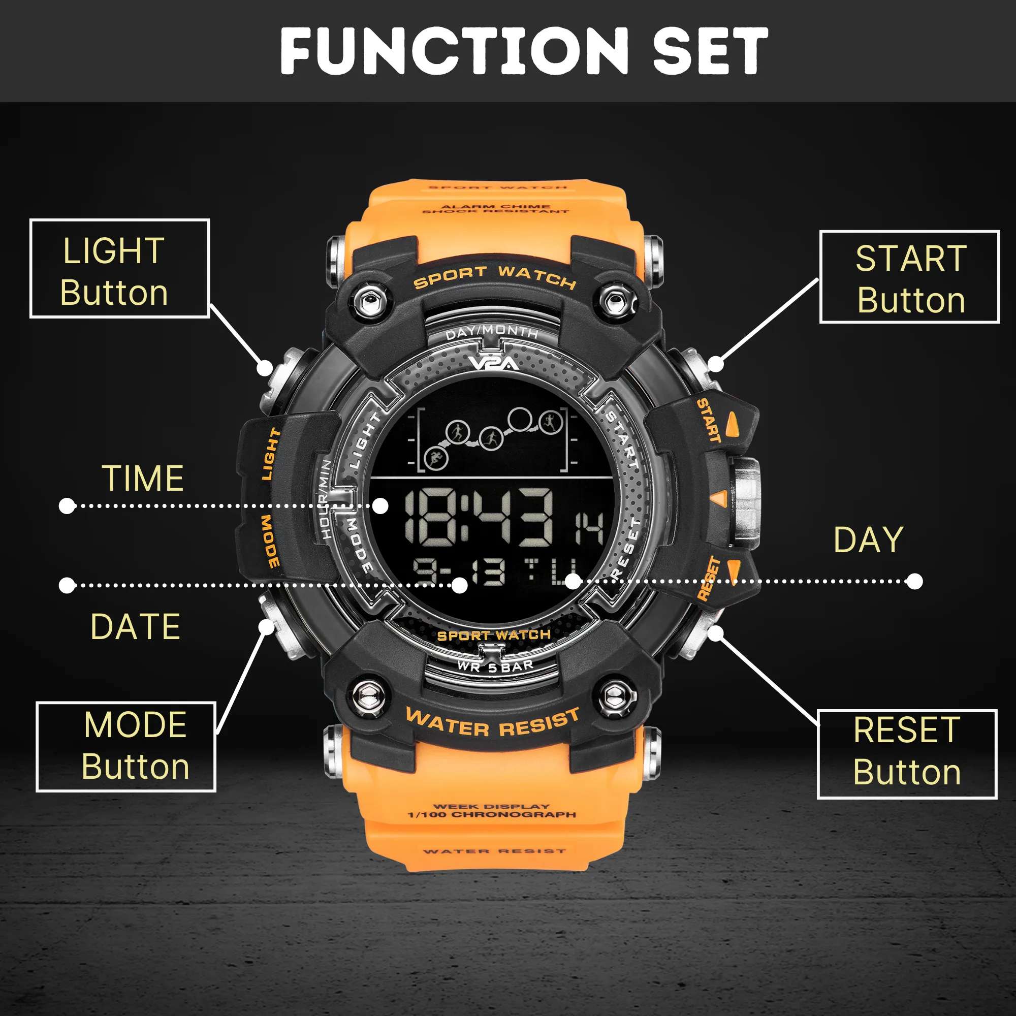 V2A Digital 5ATM Big Face Waterproof Sports Watch for Men with Stopwatch, Backlight and Alarm | Dial Size - 57 mm