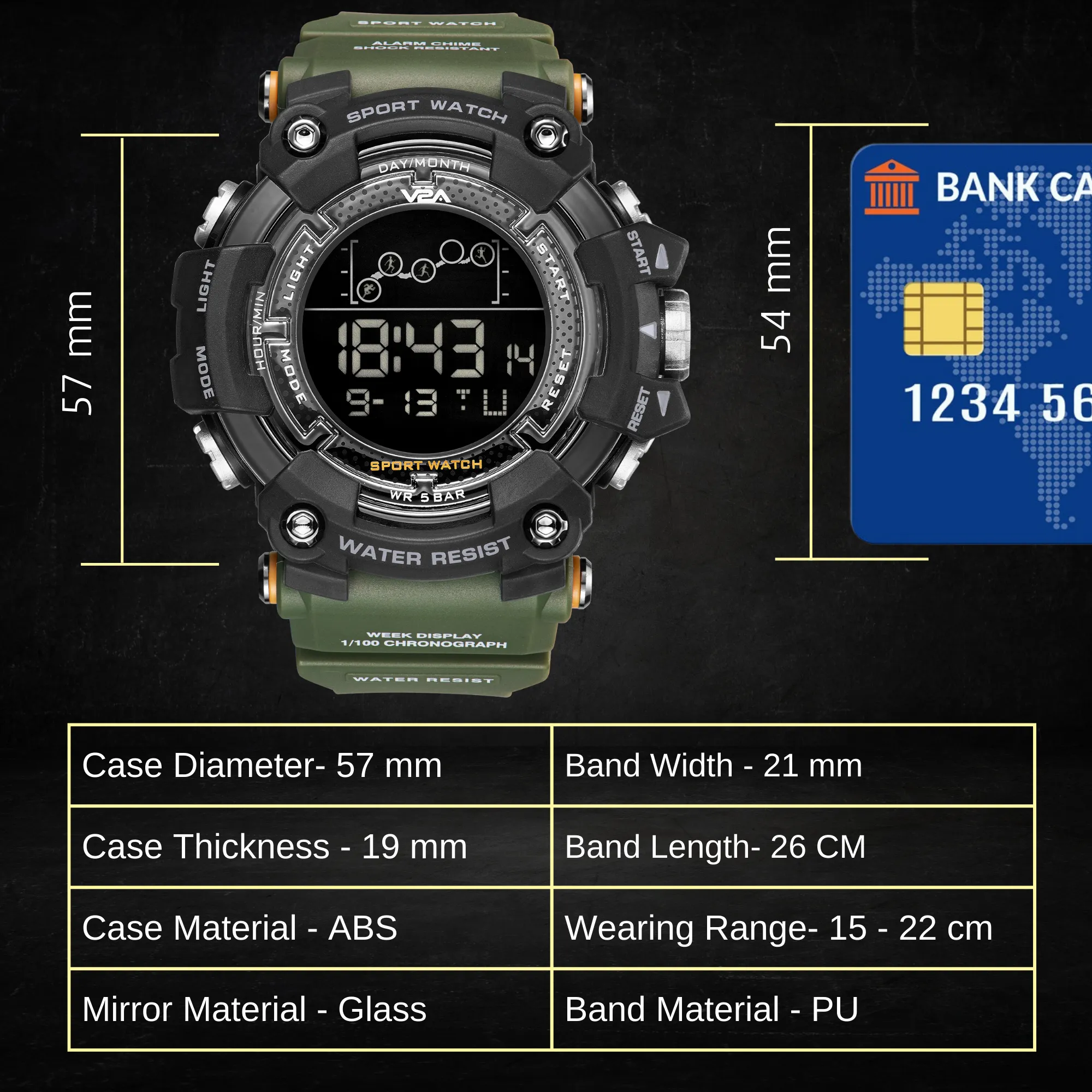 V2A Digital 5ATM Big Face Waterproof Sports Watch for Men with Stopwatch, Backlight and Alarm | Dial Size - 57 mm