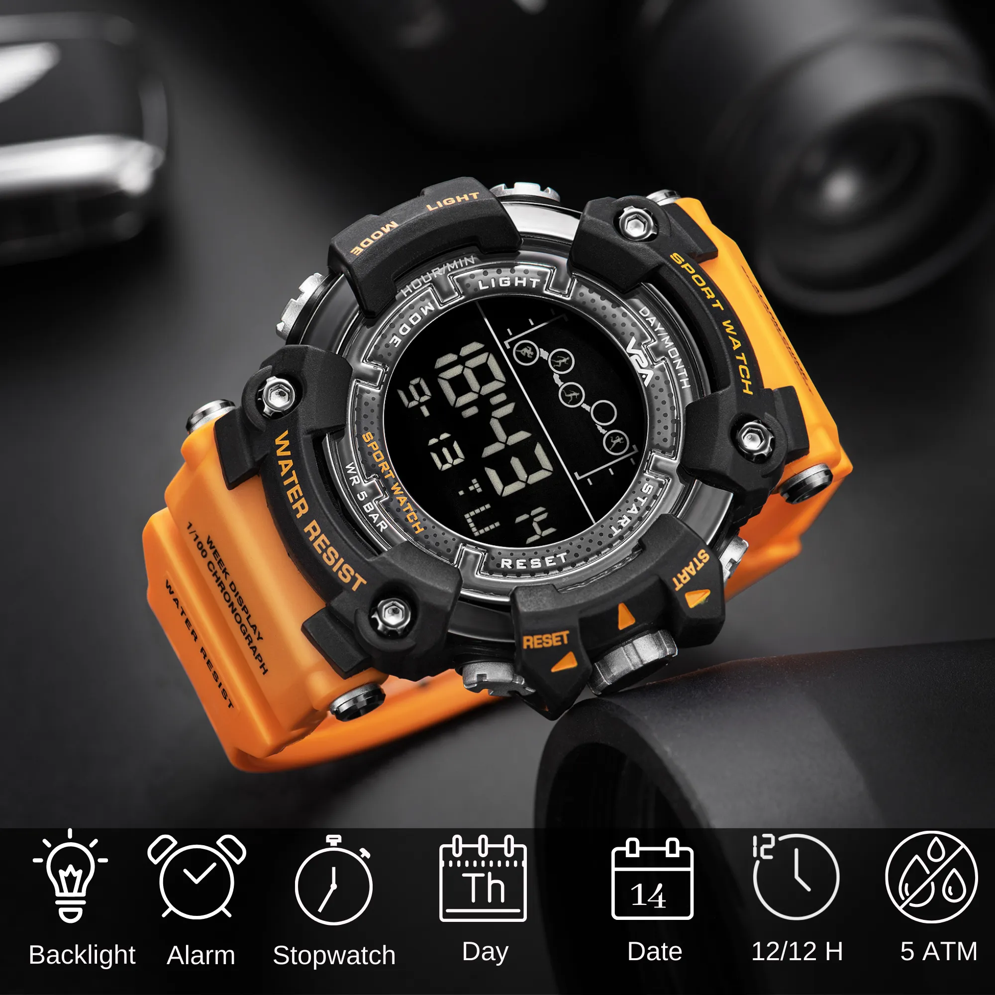 V2A Digital 5ATM Big Face Waterproof Sports Watch for Men with Stopwatch, Backlight and Alarm | Dial Size - 57 mm