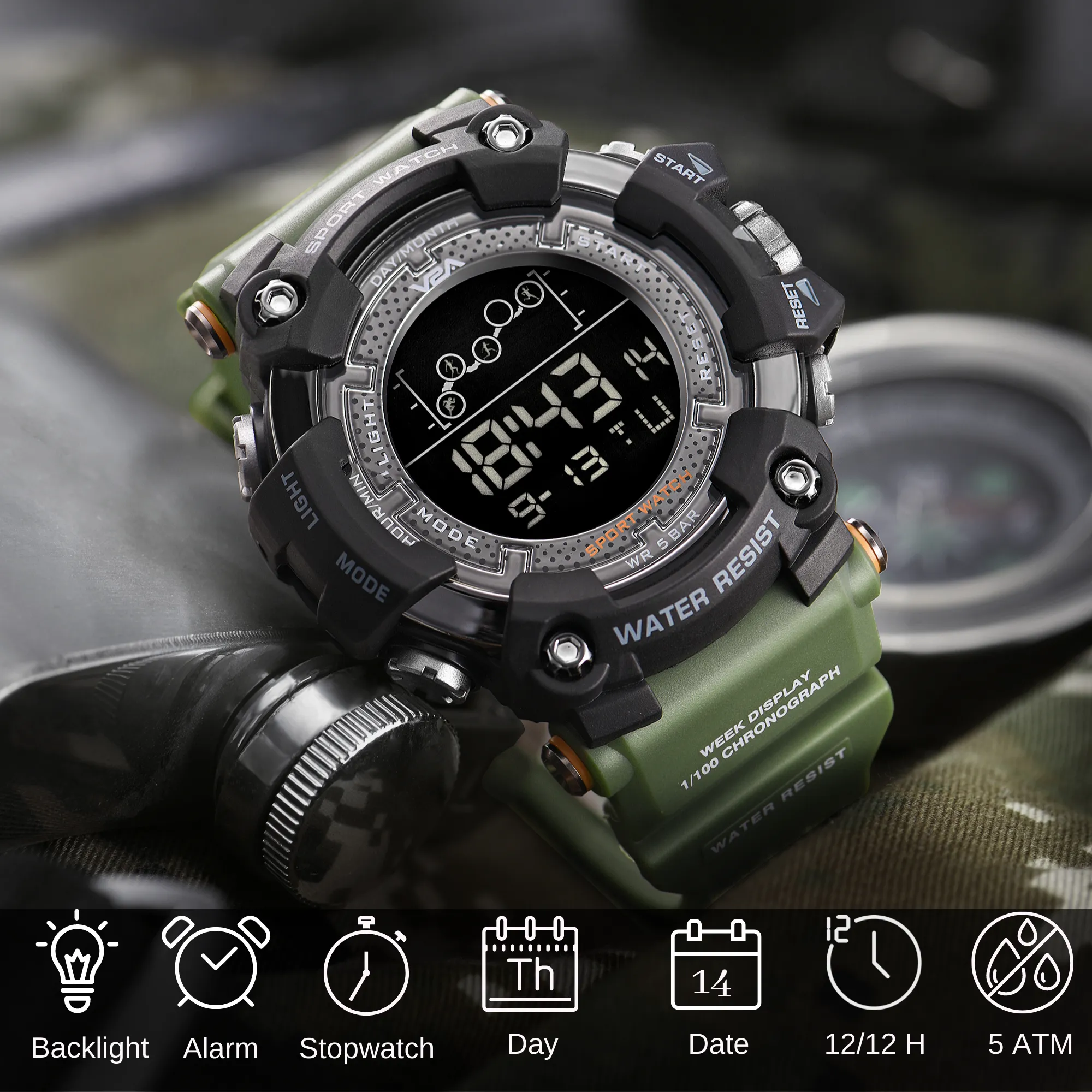 V2A Digital 5ATM Big Face Waterproof Sports Watch for Men with Stopwatch, Backlight and Alarm | Dial Size - 57 mm