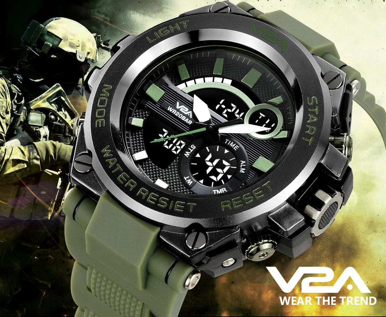 V2A Green Chronograph Analogue And Digital Sports Watch For Men and Boys